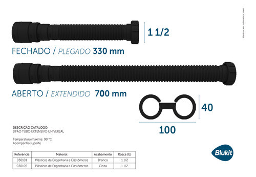 Sifão Tubo Extensivo Preto Porca Pp Com Canopla 70cm Blukit 1