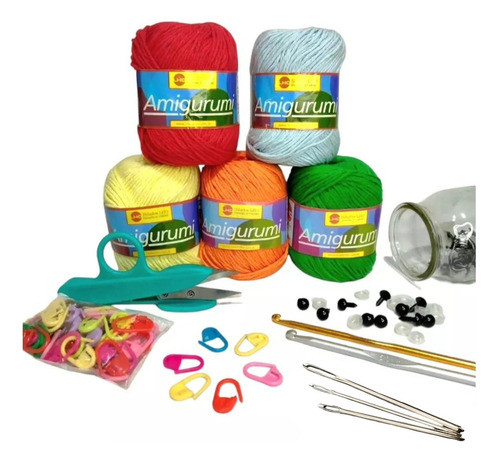 Kit Combo Para Amigurumi Agujas Crochet Hilo Algodon X 50g 0
