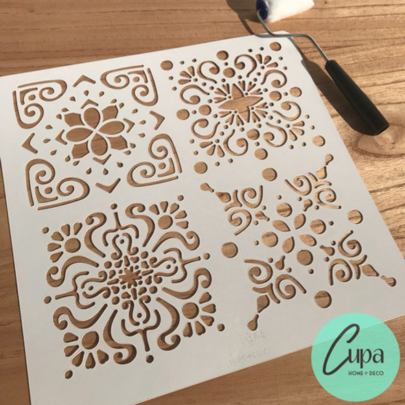 Stencil 30x30 Tebas Mayolica Pared Tela Piso Muebles Deco 1