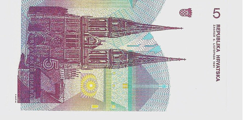 Fk Billete Croacia 5 Dinara 1991 Sin Circular. 1