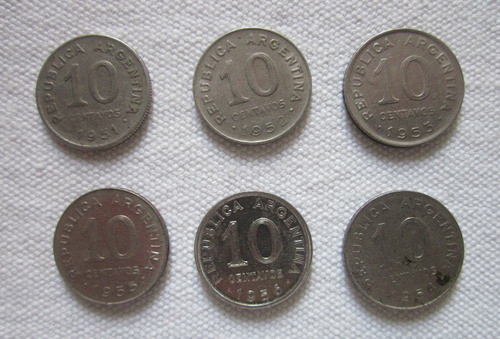 6 Monedas Antiguas Argentina 10 Centavos De 1951 A 1956 0