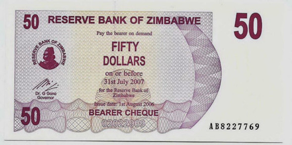 Fk Billete Zimbabwe 50 Dolares 2006 P-41 Sin Circular Lujo. 0