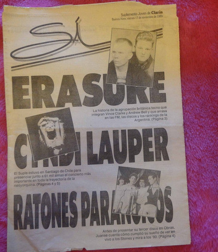 Suple Si Clarín Nov 1989 Erasure Ratones Paranoicos  Lauper 0