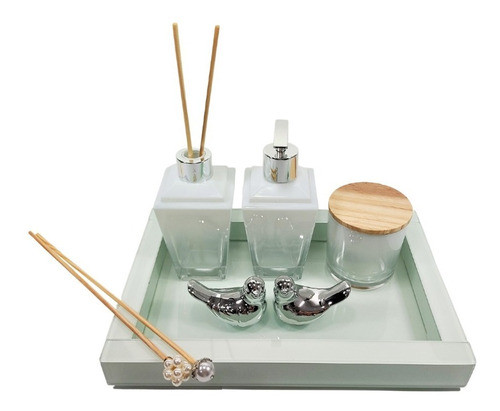 Kit Lavabo Luxo Degrade Branco, Bandeja + Decoração C/ 6 Pçs 1