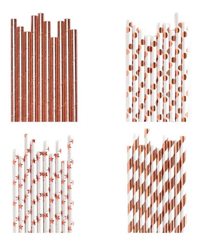 24 Unid Canudo De Papel Rose Gold Metalizado Descartável 0