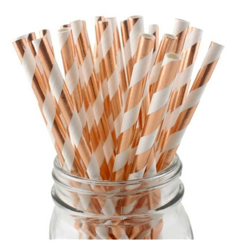 24 Unid Canudo De Papel Rose Gold Metalizado Descartável 1