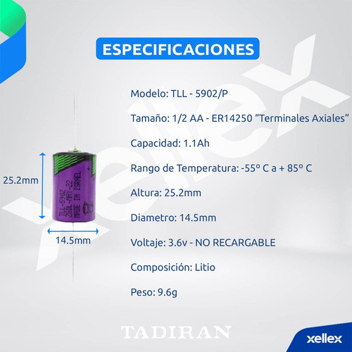 Pila Tll-5902/p Tadiran Tamaño 1/2 Aa - 1.1 Ah Term. Axiales Origen Israel - 14250 No Recargable Zona San Martin Caseros 1
