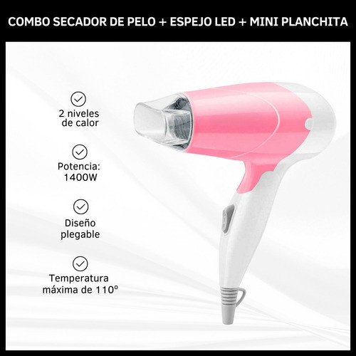 Combo Kit De Secador De Pelo Planchita Y Espejo Touch Led 1