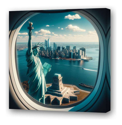 Cuadro 20x20cm Ventana Avion Mirando Estatua Libertad M4 0
