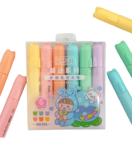 Pack 6 Resaltadores Flúor Kawai Estuche Transparente Utiles 0
