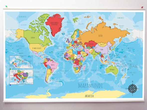 Hermoso Planisferio Mapamundi Infantil Lona De 120 X 80 Cms. 1