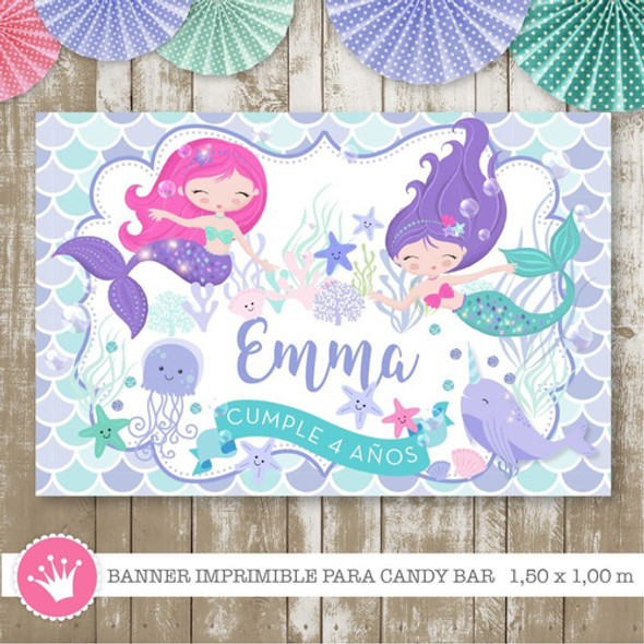 Banner Sirenas Glitter Imprimible Cumpleaños Fiesta 1