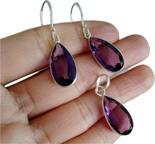 Luli Baño Plata Piedra Color Amatista Caravanas Colgante Set 0