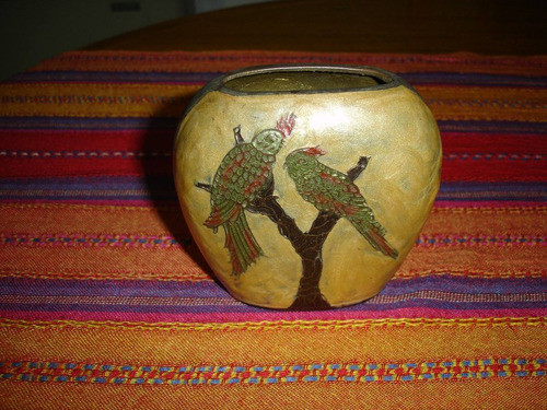 Antiguo Adorno Violetero Florero Bronce Y Craquel Con Aves 0