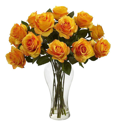 Rosas En Flor Casi Naturales De 1328-oy Con Jarrón, Amarillo 0