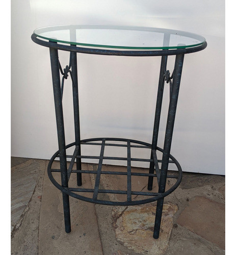 Mesa Baja Auxiliar Hierro, Tapa De Vidrio Oval Con Estante 0