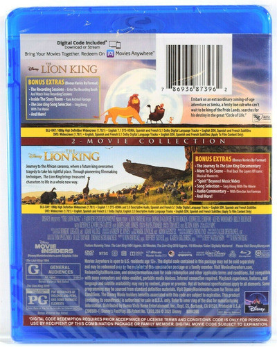 Blu-ray + Dvd The Lion King / Rey Leon 1994 + 2019 / 2 Films 1
