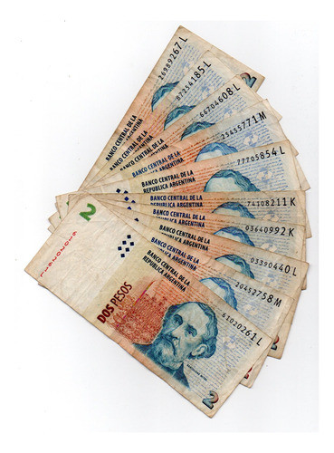 Argentina Lote 10 Billetes 2 Pesos Series K, L, M Buen Estad 0