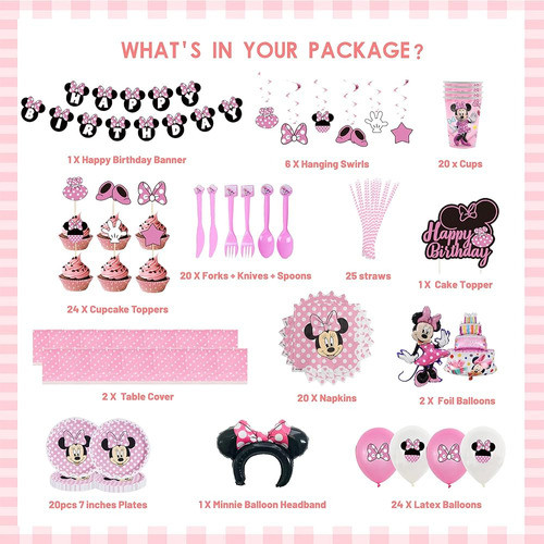 206 Pcs Minnie Birthday Party Supplies Sirve A 20 Invitados, 1