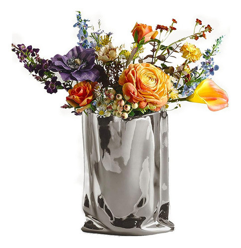 Bloflo Silver Ceramic Modern Vase Crinkle Fold Paper Bag Jar 0
