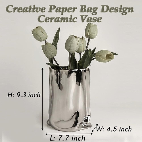 Bloflo Silver Ceramic Modern Vase Crinkle Fold Paper Bag Jar 1