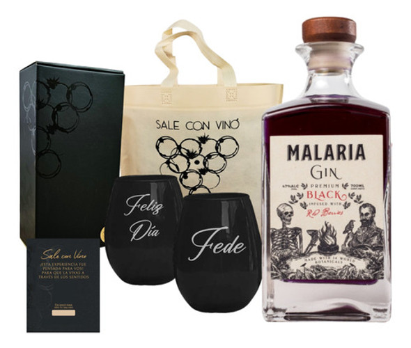 Regalo Box Gin Malaria Black + 2 Vasos Negros Kit Grabados 0