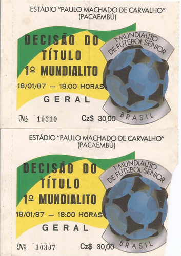 Ingresso Decisão Do 1º Mundialito De Futebol Senior 1987 C/2 0