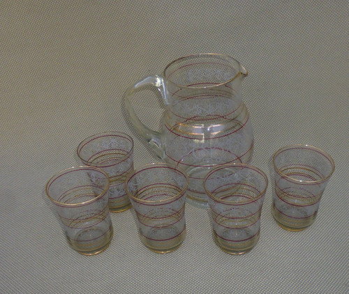 Antigua Jarra De Vidrio Con 5 Vasos 0
