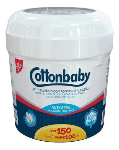 Kit C/ 6 Hastes Flexíveis Cotonete Cottonbaby Pote 150un 0