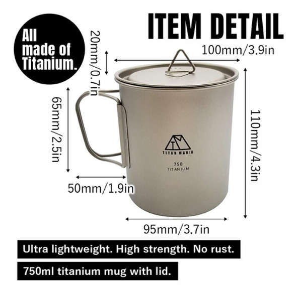 Titan Mania Vaso De Titanio Con Tapa, Ultraligero, Resisten. 1 Titan Mania Vaso De Titanio Con Tapa, Ultraligero, Resisten. 1