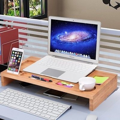Casa Bambú Monitor Stand Vertical Almacenamiento Computadora 0
