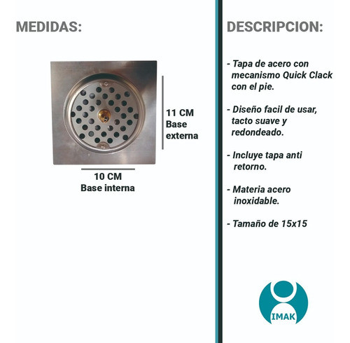 Rejilla Desagüe Click Clack Botón 15x15 Acero Cocina Baño 1
