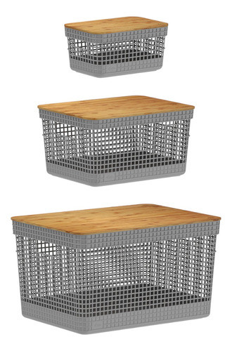 Set De Cestas Rejilla Con Tapa 3 Piezas Ou Kte125chf Gris 0