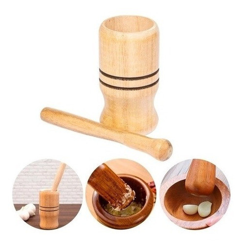 Pilão De Madeira Com Socador Para Alho E Temperos Em Geral 0