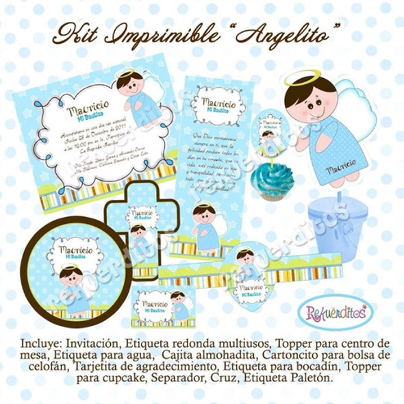 Kit Imprimible Editable Bautismo Angelito Azul 1