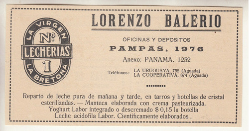 1928 Publicidad Lecherias Virgen Y Bretona Pre Conaprole 0