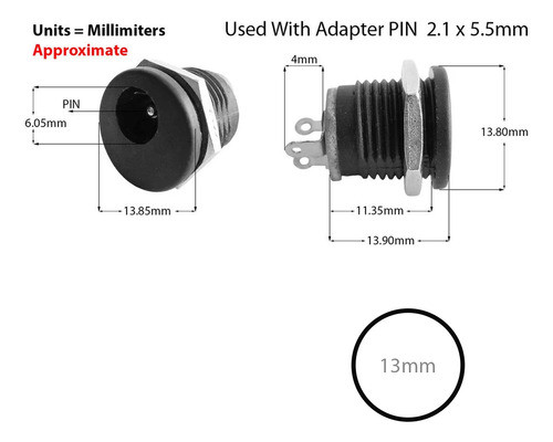 10 Conectores Hemba Dc 5.5 X 2.1mm Corte Para Chasis Tuerca 1