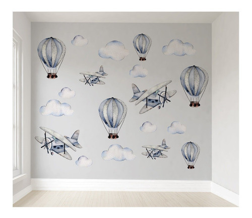 Papel De Parede Aviões Balões Infantil Autocolante Vr07 8m² 0