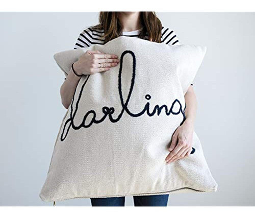 Creative Co-op Cuadrado De Algodón Crema Y Almohada Azul Que 1