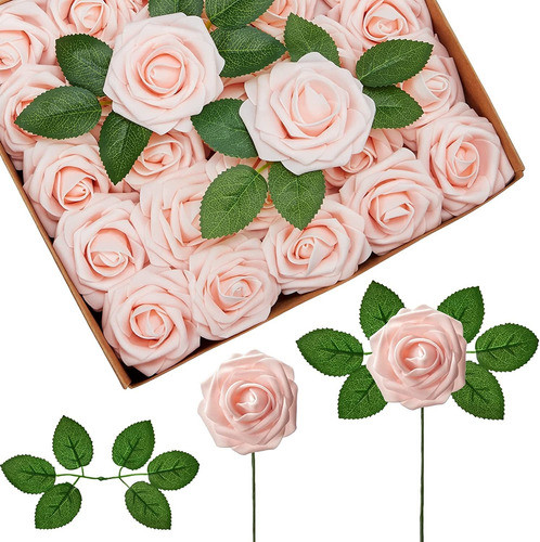 50 Rosas Artificiales Aspecto Natural Blush Con Tallo 25cm 0