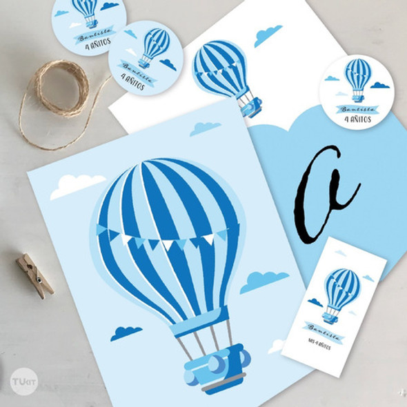 Kit Imprimible Globos Aerostaticos Celeste Azul Tukit 1