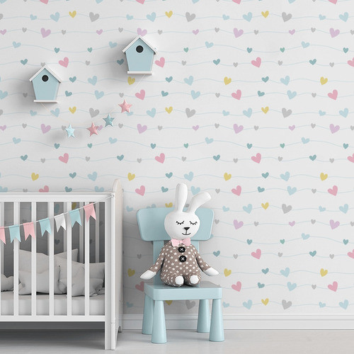 Papel De Parede Adesivo Infantil Corações + Espátula 18m 0