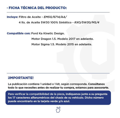 Kit Aceite Sinté. Motorcraft 5w30 + Filtro Aceite Ford Ka 1
