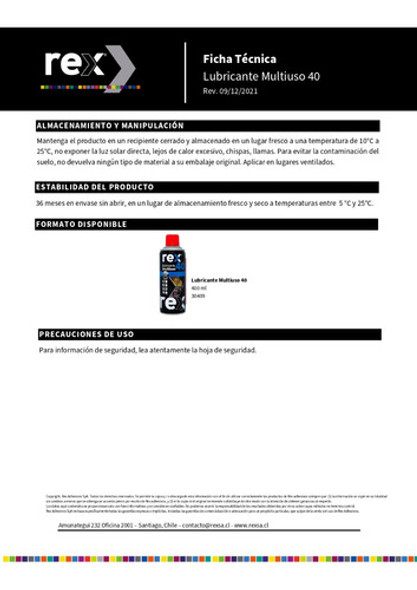 Lubricante Multiuso 40 Marca Rex 400ml 1
