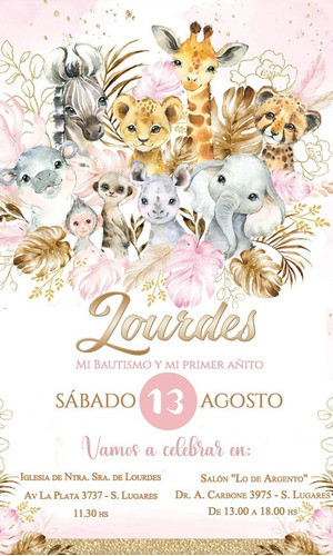 Invitación Digital Tarjeta Animales Selva Rosa/ Whatsapp 1