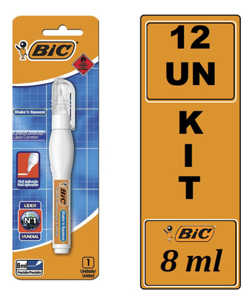 Kit 12 Corretivo Em Caneta Bic 8ml Precisão Shake'n Squeeze 0