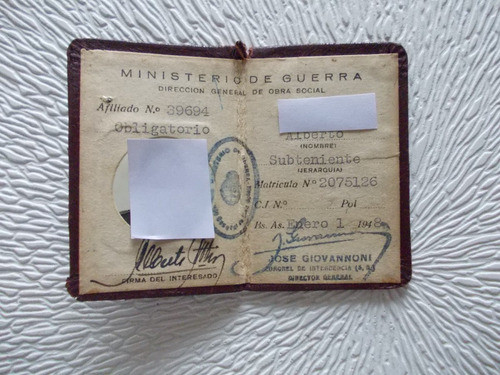 4267- Carnet Ministerio Guerra Subteniente Año 1948 Usado 0