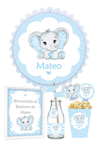 Kit Imprimible Elefante Bebe + Banner Circular Fondo Mesa 0