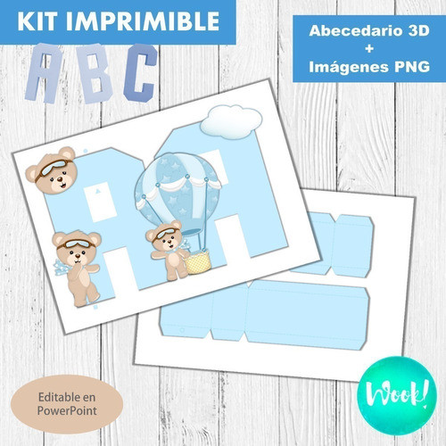 Kit Imprimible Letras 3d Osito Globo Aerostático Celeste 1
