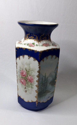 Grande Vaso Em Porcelana Azul E Branco Sextavado 1